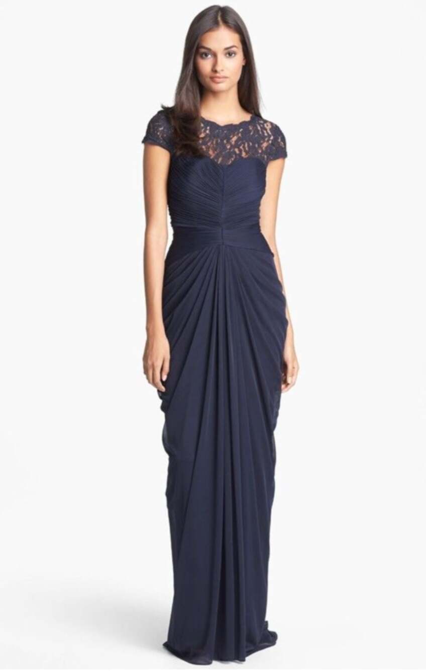Adrianna Papell Short Sleeve Evening Gown Navy Lace Yoke Gathered Pleats Size 6